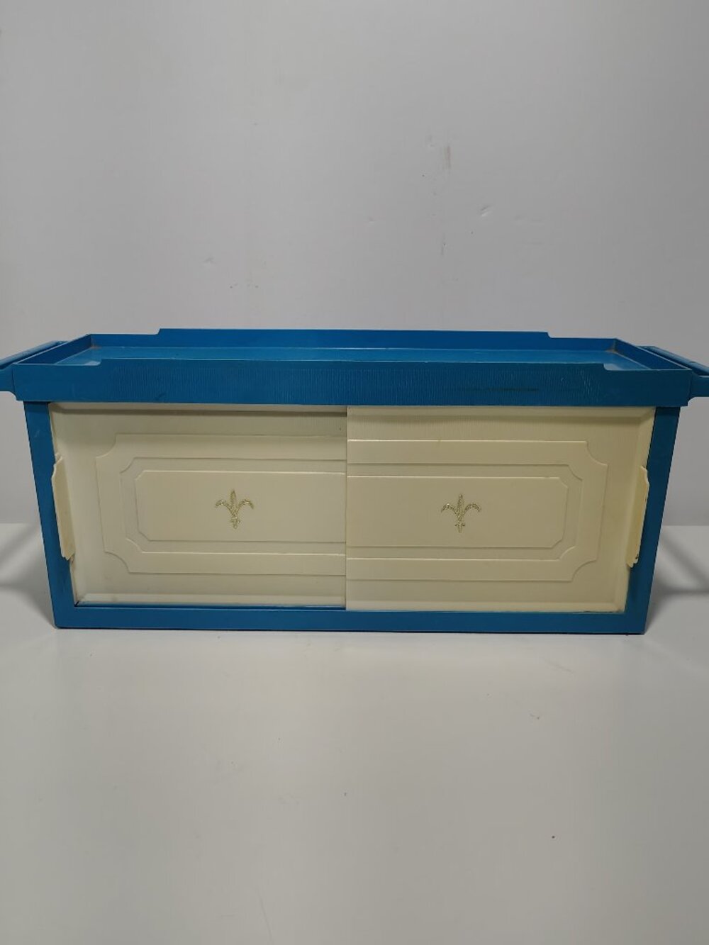 Vintage 60s 70s Blue Plastic Medicine Cabinet Sliding Doors Fleur de Lis